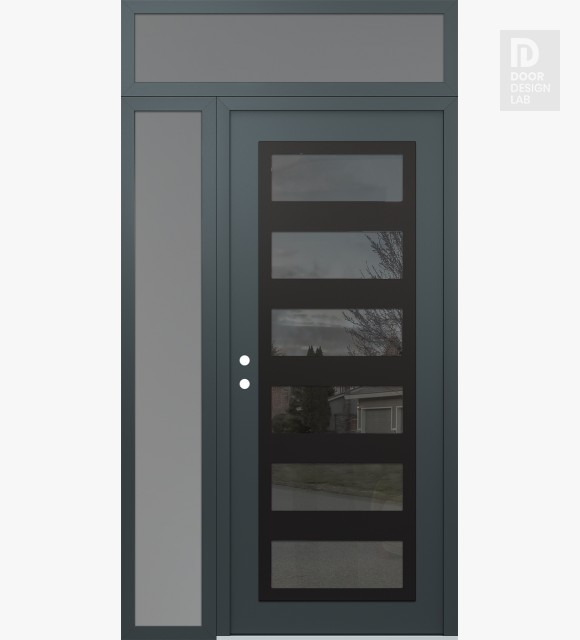 Modern Steel Front Door Diamond C9 50" x 96" anthracite/anthracite mirrored Glass Panel black RHI with Sidelite and Transom frosted Glass