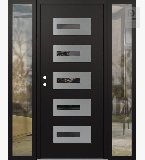 Modern Steel Front Door Diamond D6 60" x 80" black/black mirrored Glass Panel stainless steel RHI with 2 Sidelites clear Glass