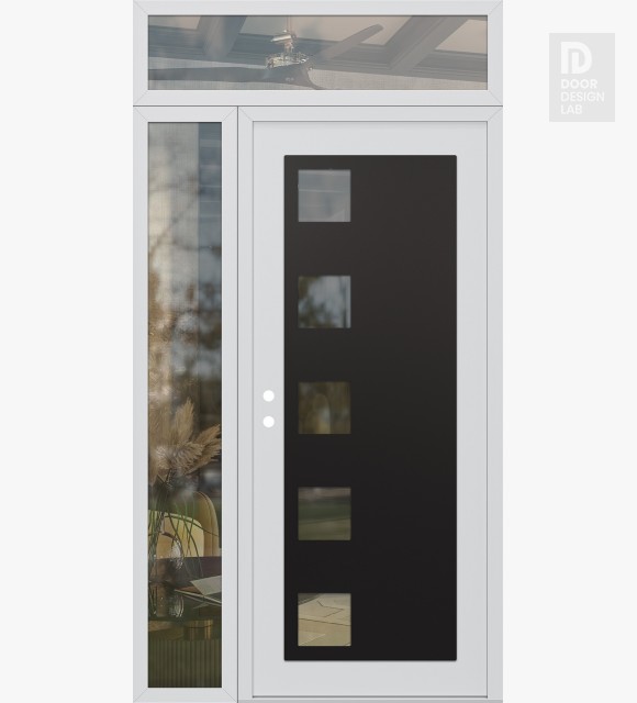 Modern Steel Front Door Diamond C5 48" x 96" white/white clear Glass Panel black RHI with Sidelite and Transom clear Glass