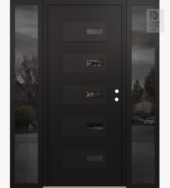 Modern Steel Front Door Diamond D7 64" x 80" black/black mirrored Glass Panel black LHI with 2 Sidelites mirrored Glass