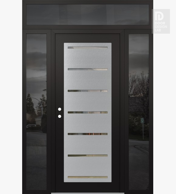 Modern Steel Front Door Diamond C11 64" x 96" black/black clear Glass Panel stainless steel RHI with 2 Sidelites and Transom mirrored Glass