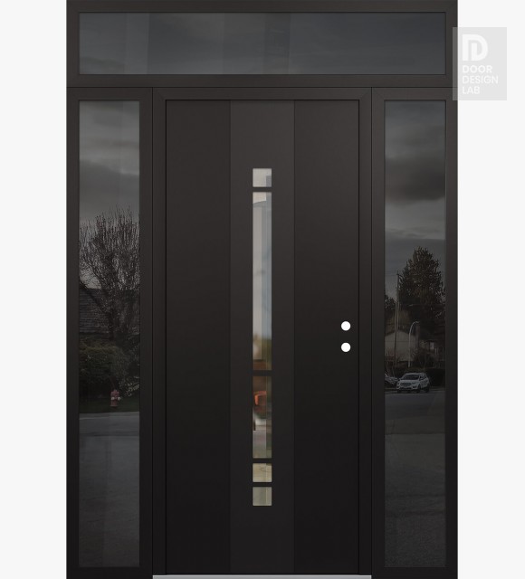 Modern Steel Front Door DIAMOND A3 64" X 96" BLACK/BLACK CLEAR GLASS PANEL BLACK LHI WITH 2 SIDELITES AND TRANSOM MIRRORED GLASS