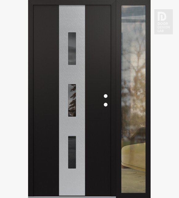 Modern Steel Front Door DIAMOND A7 50" X 80" BLACK/BLACK MIRRORED GLASS PANEL STAINLESS STEEL LHI WITH SIDELITE CLEAR GLASS