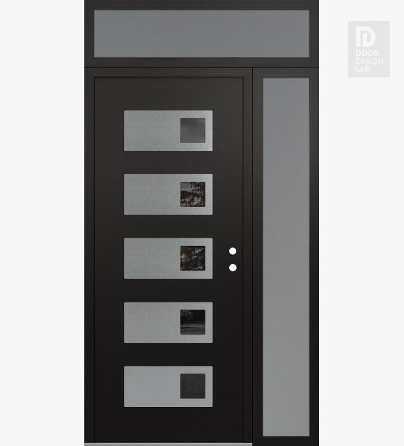 Modern Steel Front Door Diamond D2 48" x 96" black/black mirrored Glass Panel stainless steel LHI with Sidelite and Transom frosted Glass