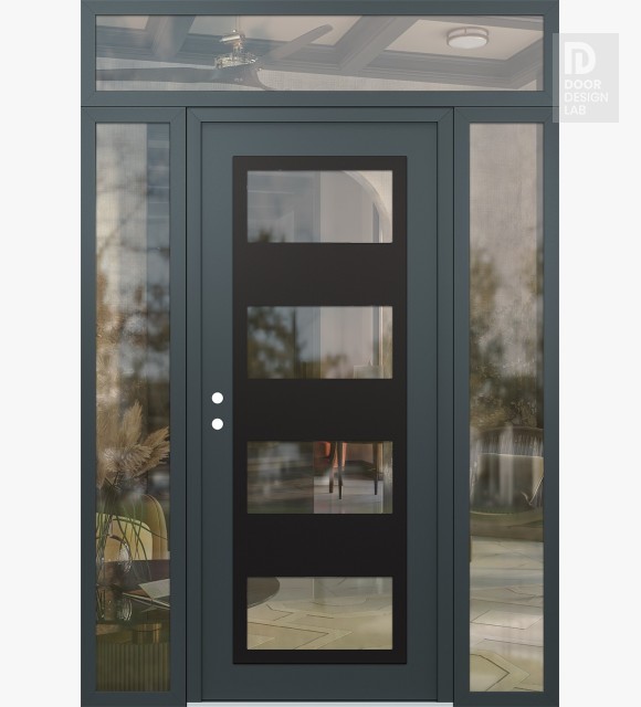 Modern Steel Front Door Diamond C2 64" x 96" anthracite/anthracite clear Glass Panel black RHI with 2 Sidelites and Transom clear Glass