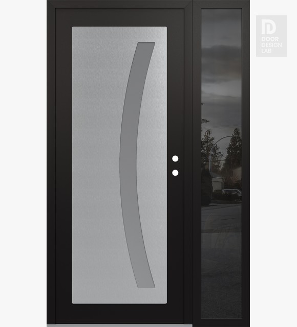 Modern Steel Front Door Diamond C4 52" x 80" black/white frosted Glass Panel stainless steel LHI with Sidelite mirrored Glass