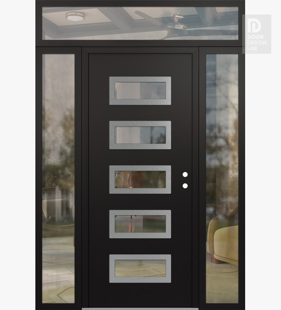 Modern Steel Front Door Diamond D1 68" x 96" black/black clear Glass Panel stainless steel LHI with 2 Sidelites and Transom clear Glass