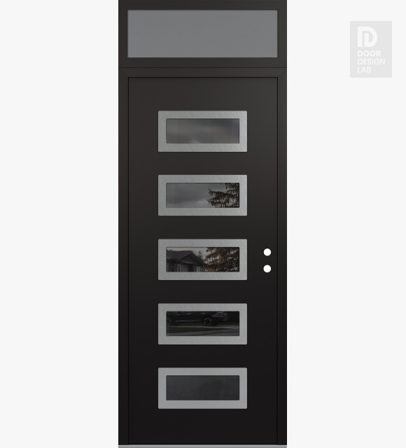 Modern Steel Front Door Diamond D1 36" x 96" black/black mirrored Glass Panel stainless steel LHI with Transom frosted Glass