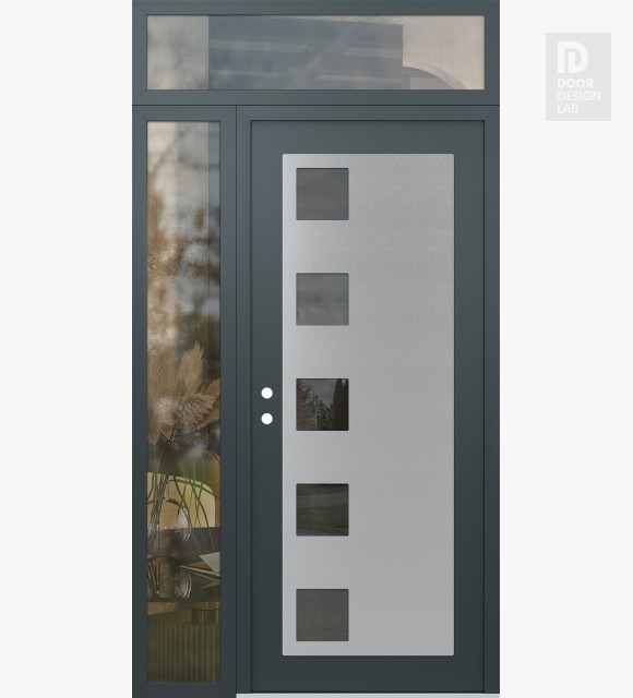 Modern Steel Front Door Diamond C5 48" x 96" anthracite/anthracite mirrored Glass Panel stainless steel RHI with Sidelite and Transom clear Glass