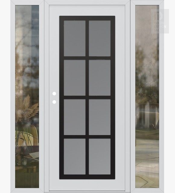 Modern Steel Front Door Diamond C16 68" x 80" white/white frosted Glass Panel black RHI with 2 Sidelites clear Glass