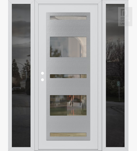 Modern Steel Front Door Diamond C10 64" x 80" white/white clear Glass Panel stainless steel RHI with 2 Sidelites mirrored Glass