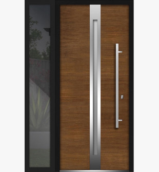 Front Exterior Prehung Steel Door / Deux 1744 Natural Oak / Side Exterior Black Window / Stainless Inserts Single Modern Painted-W36+16" x H80"-Left-hand Inswing