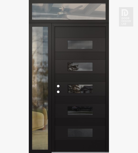 Modern Steel Front Door Diamond D5 52" x 96" black/black mirrored Glass Panel black RHI with Sidelite and Transom clear Glass
