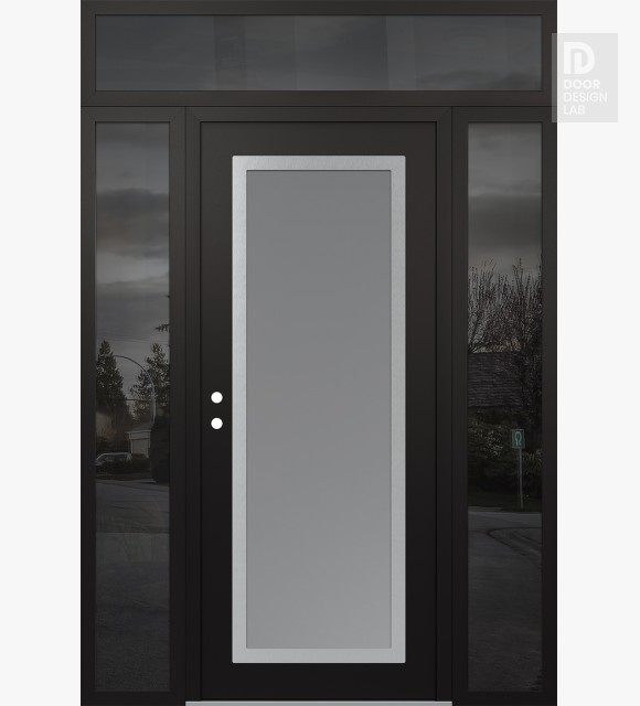 Modern Steel Front Door Diamond C1 68" x 96" black/white frosted Glass Panel stainless steel RHI with 2 Sidelites and Transom mirrored Glass