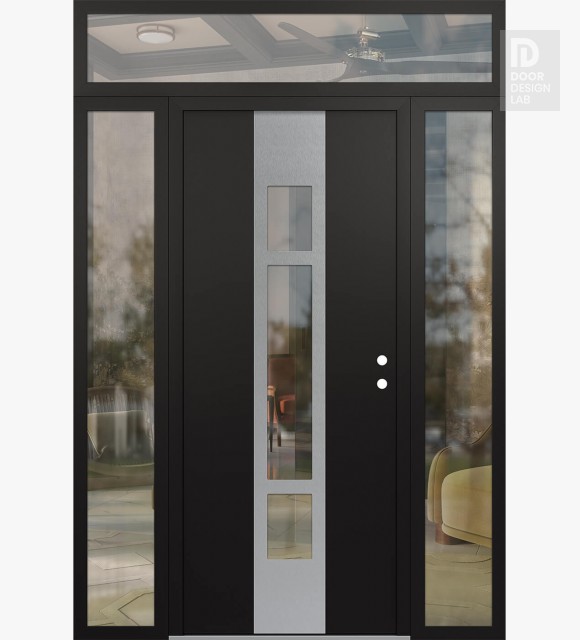 Modern Steel Front Door DIAMOND A9 60" X 96" BLACK/BLACK CLEAR GLASS PANEL STAINLESS STEEL LHI WITH 2 SIDELITES AND TRANSOM CLEAR GLASS