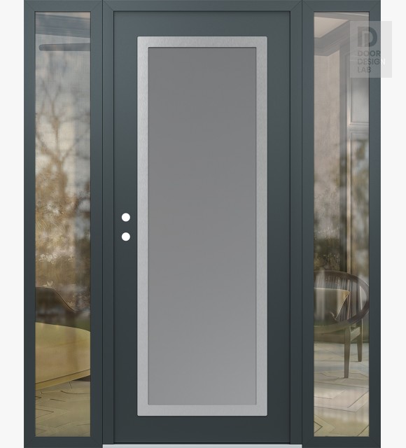 Modern Steel Front Door Diamond C1 64" x 80" anthracite/anthracite frosted Glass Panel stainless steel RHI with 2 Sidelites clear Glass