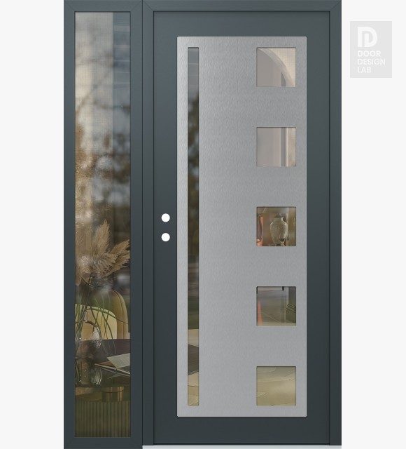 Modern Steel Front Door Diamond C3 48" x 80" anthracite/anthracite clear Glass Panel stainless steel RHI with Sidelite clear Glass