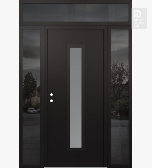 Modern Steel Front Door DIAMOND A11 68" X 96" BLACK/WHITE FROSTED GLASS PANEL BLACK RHI WITH 2 SIDELITES AND TRANSOM MIRRORED GLASS