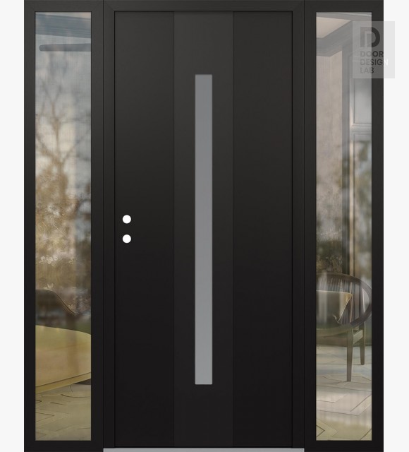 Modern Steel Front Door DIAMOND A2 68" X 80" BLACK/WHITE FROSTED GLASS PANEL BLACK RHI WITH 2 SIDELITES CLEAR GLASS