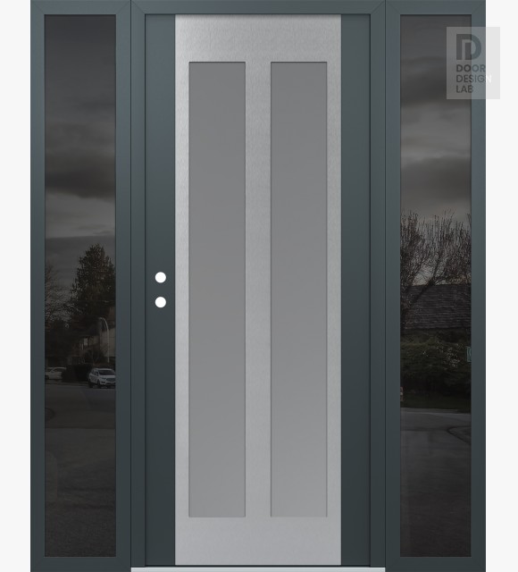 Modern Steel Front Door Diamond C14 68" x 80" anthracite/anthracite frosted Glass Panel stainless steel RHI with 2 Sidelites mirrored Glass