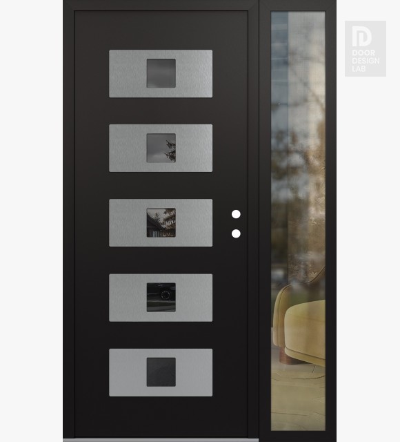 Modern Steel Front Door Diamond D8 52" x 80" black/black mirrored Glass Panel stainless steel LHI with Sidelite clear Glass