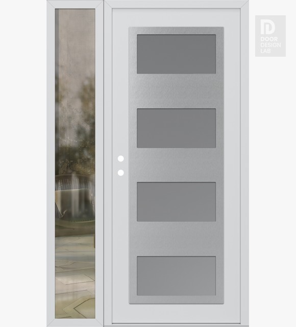 Modern Steel Front Door Diamond C2 52" x 80" white/white frosted Glass Panel stainless steel RHI with Sidelite clear Glass