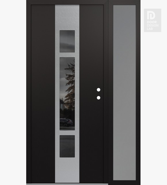 Modern Steel Front Door DIAMOND A9 48" X 80" BLACK/BLACK MIRRORED GLASS PANEL STAINLESS STEEL LHI WITH SIDELITE FROSTED GLASS