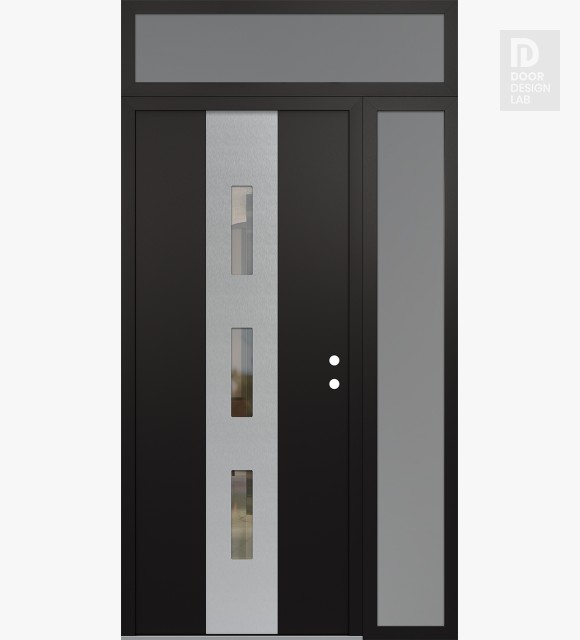 Modern Steel Front Door DIAMOND A7 50" X 96" BLACK/BLACK CLEAR GLASS PANEL STAINLESS STEEL LHI WITH SIDELITE AND TRANSOM FROSTED GLASS