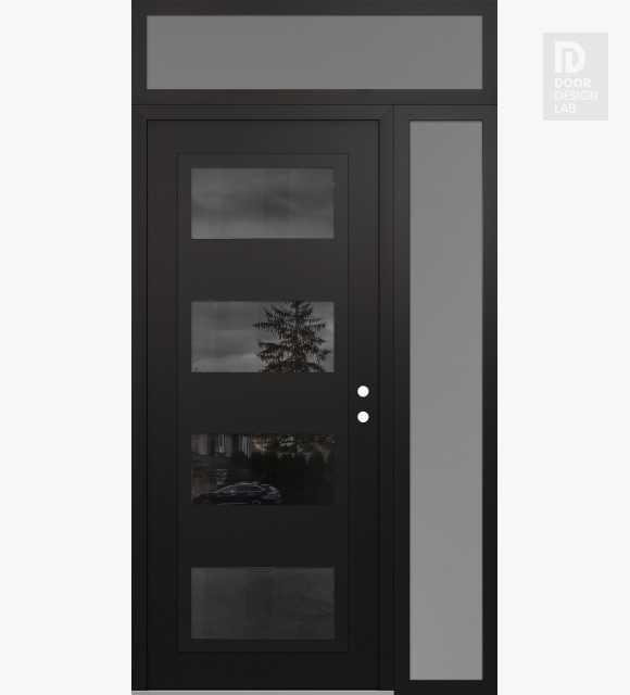Modern Steel Front Door Diamond C2 52" x 96" black/black mirrored Glass Panel black LHI with Sidelite and Transom frosted Glass