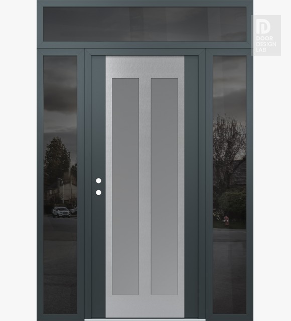 Modern Steel Front Door Diamond C14 68" x 96" anthracite/anthracite frosted Glass Panel stainless steel RHI with 2 Sidelites and Transom mirrored Glass