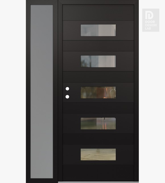 Modern Steel Front Door Diamond D5 52" x 80" black/black clear Glass Panel black RHI with Sidelite frosted Glass