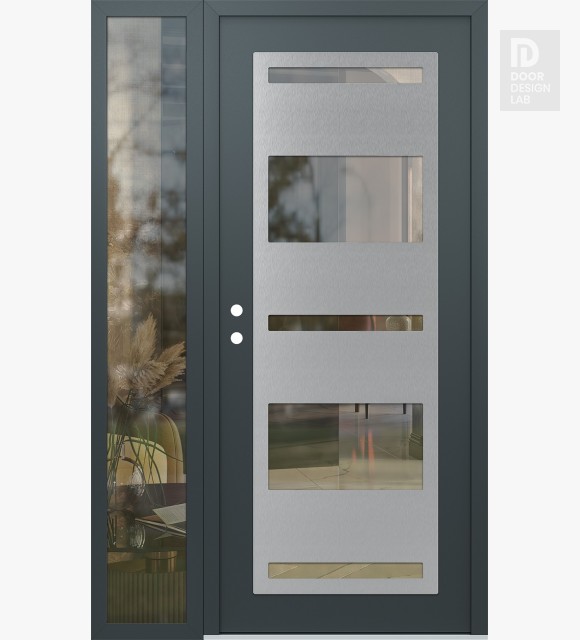 Modern Steel Front Door Diamond C10 48" x 80" anthracite/anthracite clear Glass Panel stainless steel RHI with Sidelite clear Glass
