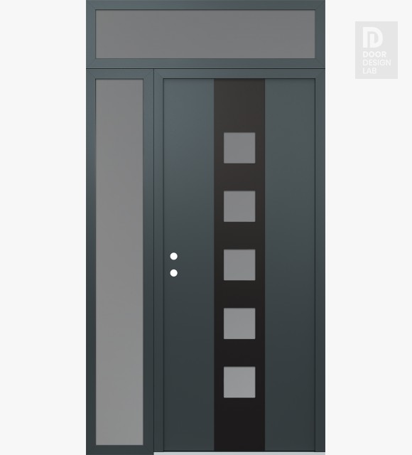 Modern Steel Front Door DIAMOND A13 50" X 96" ANTHRACITE/ANTHRACITE FROSTED GLASS PANEL BLACK RHI WITH SIDELITE AND TRANSOM FROSTED GLASS