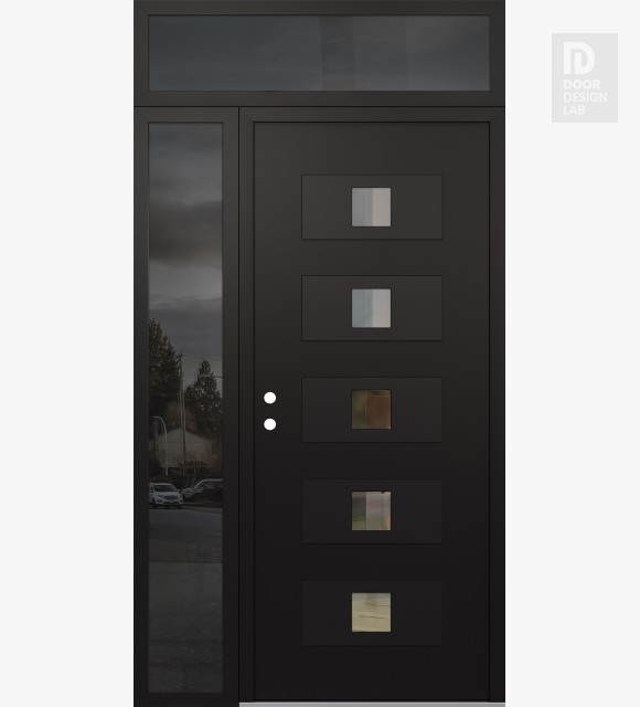 Modern Steel Front Door Diamond D8 52" x 96" black/black clear Glass Panel black RHI with Sidelite and Transom mirrored Glass