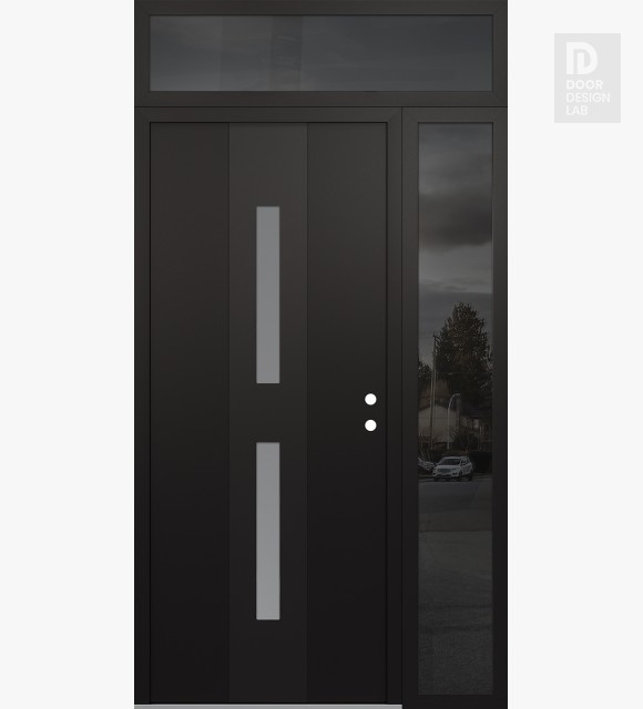 Modern Steel Front Door DIAMOND A6 52" X 96" BLACK/WHITE FROSTED GLASS PANEL BLACK LHI WITH SIDELITE AND TRANSOM MIRRORED GLASS