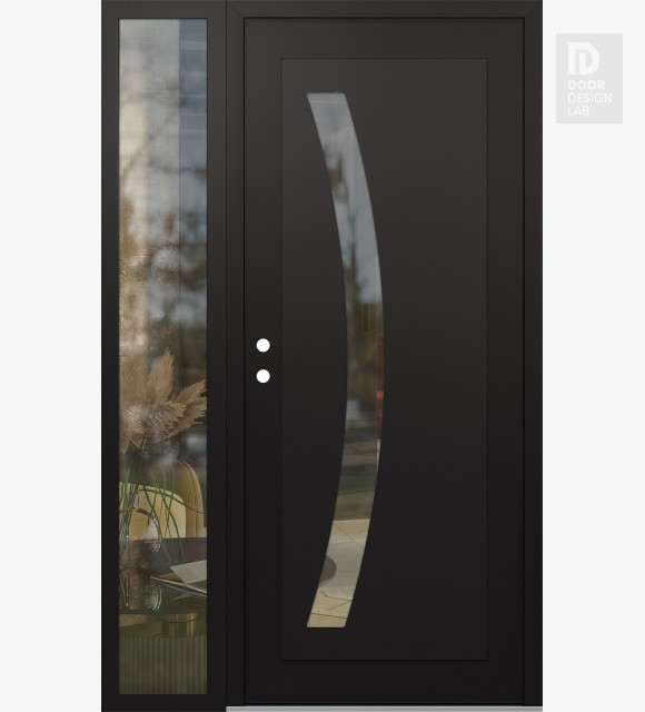 Modern Steel Front Door Diamond C4 52" x 80" black/black clear Glass Panel black RHI with Sidelite clear Glass