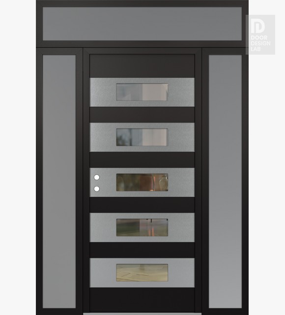 Modern Steel Front Door Diamond D5 64" x 96" black/black clear Glass Panel stainless steel RHI with 2 Sidelites and Transom frosted Glass