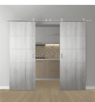 DOUBLE BARN DOOR OPTIMA 4H RIBEIRA ASH 36" X 80" X 1 3/4" SOLID CORE STAINLESS STEEL HARDWARE