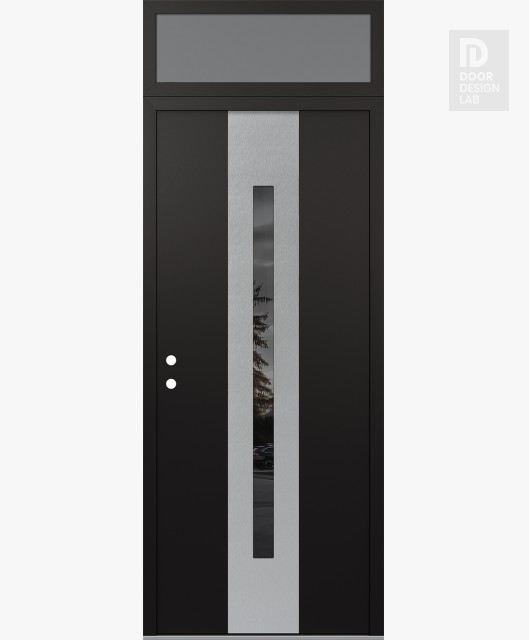 Modern Steel Front Door DIAMOND A2 36" X 96" BLACK/BLACK MIRRORED GLASS PANEL STAINLESS STEEL RHI WITH TRANSOM FROSTED GLASS