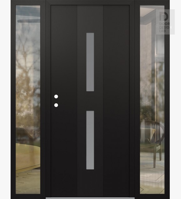 Modern Steel Front Door DIAMOND A6 68" X 80" BLACK/WHITE FROSTED GLASS PANEL BLACK RHI WITH 2 SIDELITES CLEAR GLASS