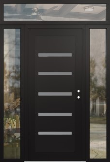 Diamond C7 64" x 96" black/white frosted Glass Panel black LHI with 2 Sidelites and Transom clear Glass