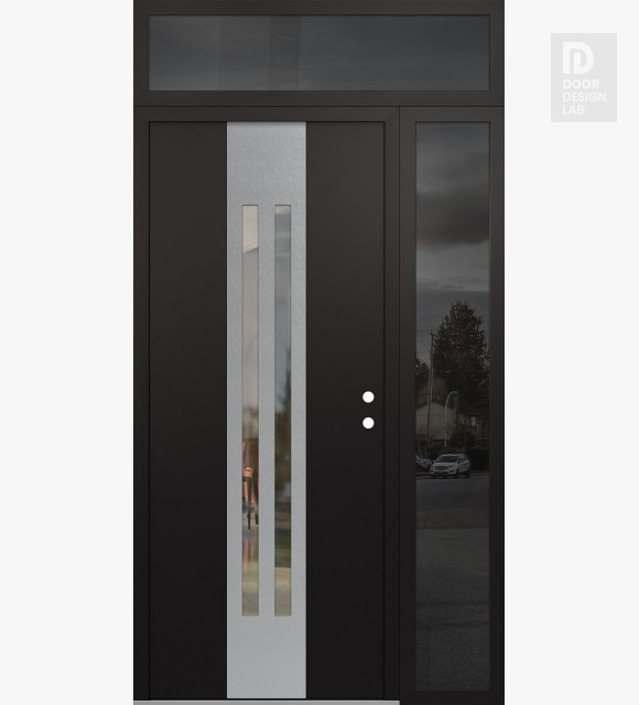Modern Steel Front Door DIAMOND A8 52" X 96" BLACK/BLACK CLEAR GLASS PANEL STAINLESS STEEL LHI WITH SIDELITE AND TRANSOM MIRRORED GLASS