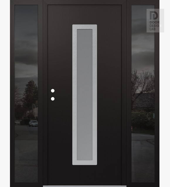 Modern Steel Front Door DIAMOND A11 68" X 80" BLACK/WHITE FROSTED GLASS PANEL STAINLESS STEEL RHI WITH 2 SIDELITES MIRRORED GLASS
