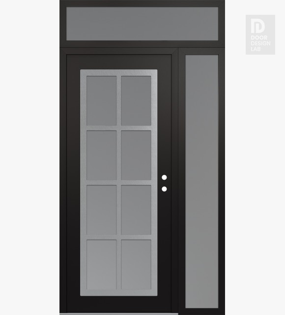Modern Steel Front Door Diamond C16 52" x 96" black/white frosted Glass Panel stainless steel LHI with Sidelite and Transom frosted Glass