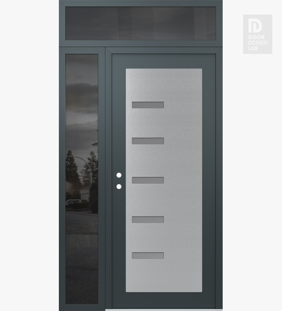 Modern Steel Front Door Diamond C8 52" x 96" anthracite/anthracite frosted Glass Panel stainless steel RHI with Sidelite and Transom mirrored Glass