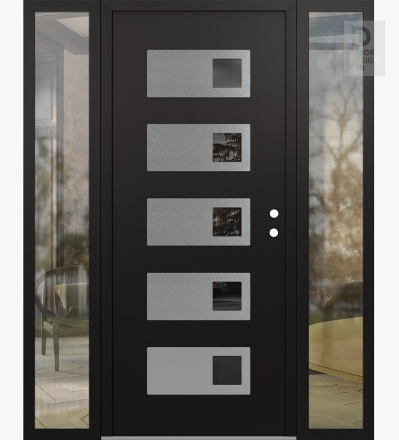 Modern Steel Front Door Diamond D2 60" x 80" black/black mirrored Glass Panel stainless steel LHI with 2 Sidelites clear Glass