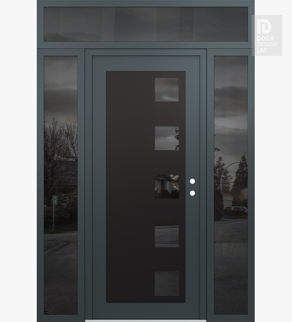 Modern Steel Front Door Diamond C5 60" x 96" anthracite/anthracite mirrored Glass Panel black LHI with 2 Sidelites and Transom mirrored Glass