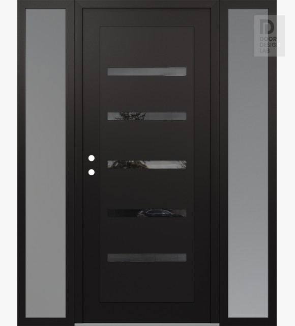 Modern Steel Front Door Diamond C7 68" x 80" black/black mirrored Glass Panel black RHI with 2 Sidelites frosted Glass