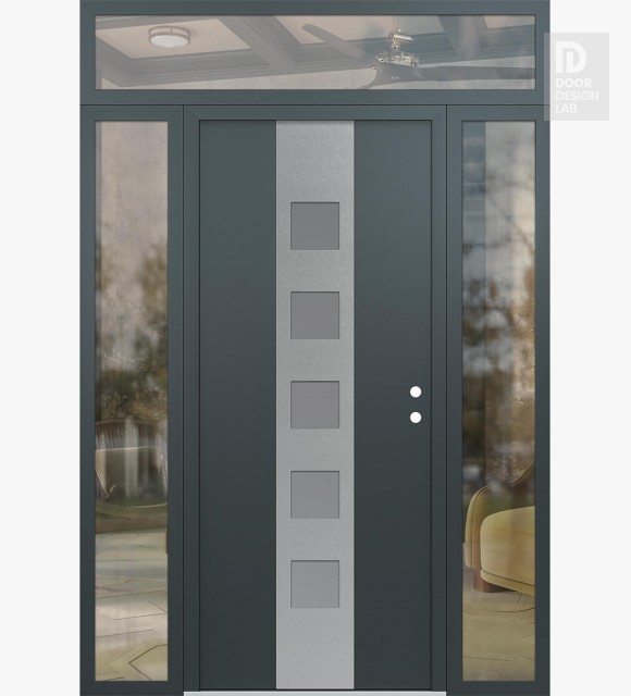 Modern Steel Front Door DIAMOND A13 64" X 96" ANTHRACITE/ANTHRACITE FROSTED GLASS PANEL STAINLESS STEEL LHI WITH 2 SIDELITES AND TRANSOM CLEAR GLASS