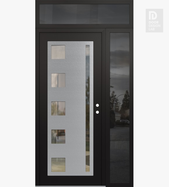 Modern Steel Front Door Diamond C3 48" x 96" black/black clear Glass Panel stainless steel LHI with Sidelite and Transom mirrored Glass